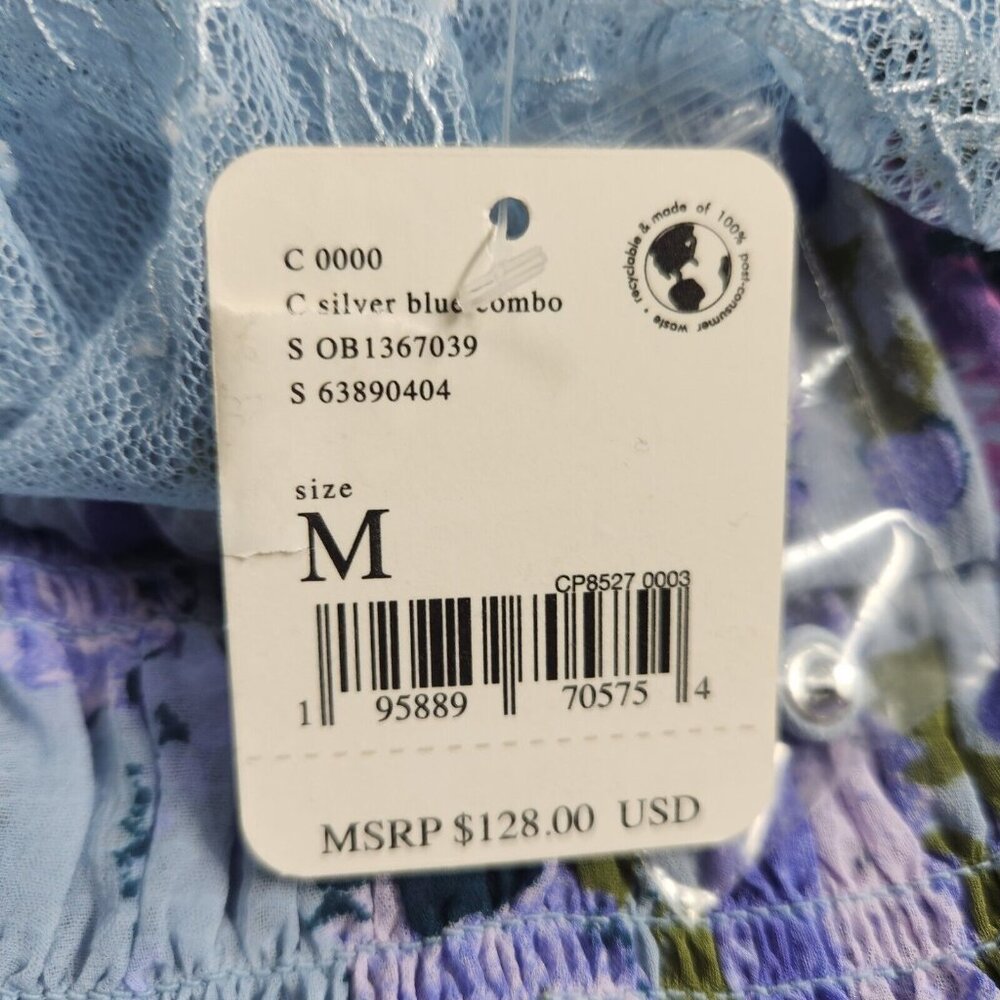 Free People Women's Size M Daphne Blouse Silver Blue Combo Smocked Cropped 37 - Picture 7 of 13